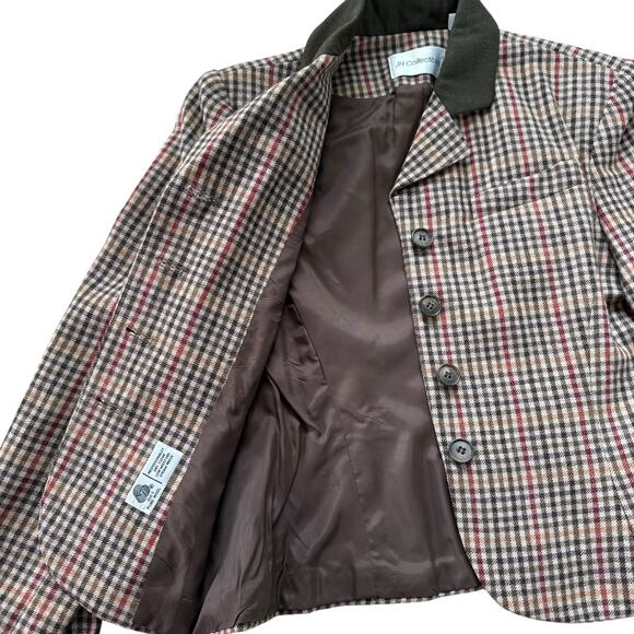 Vintage 100% Wool Tweed Fitted Blazer Jacket in Brown Tan Houndstooth Plaid, 8 - Picture 7 of 13